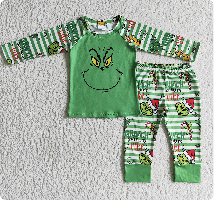 BLP0085 Boys grinch green striped long sleeve trousers suit