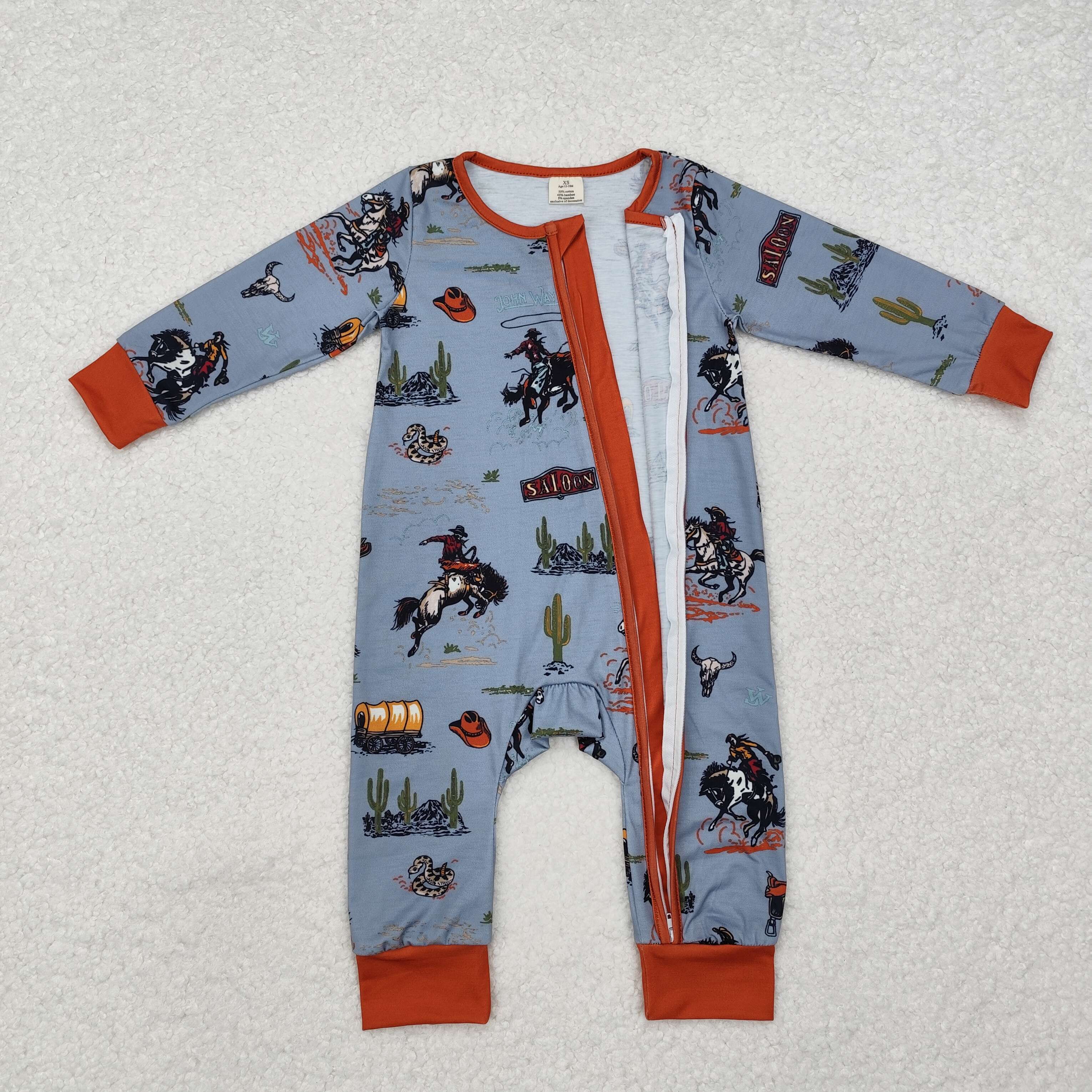 LR1858 Modal Horse Riding Cactus Blue Brown Zip Long Sleeve romper