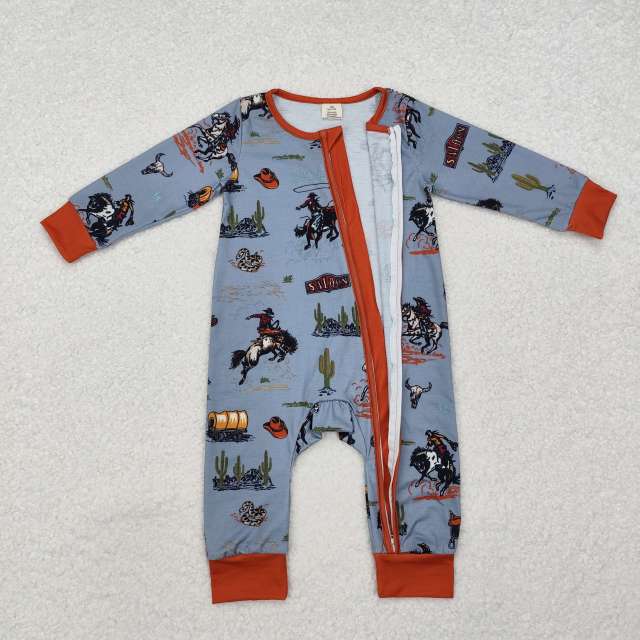 LR1858 Modal Horse Riding Cactus Blue Brown Zip Long Sleeve romper