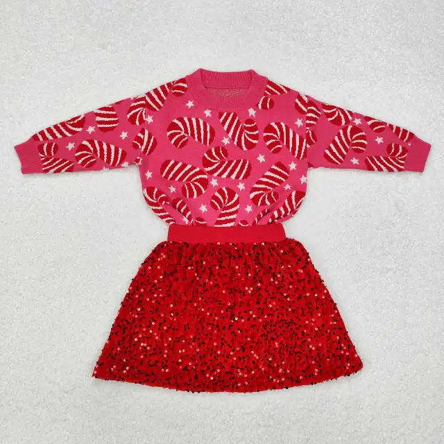 GT0665 Christmas Cane Star Pink Long Sleeve Sweater set
