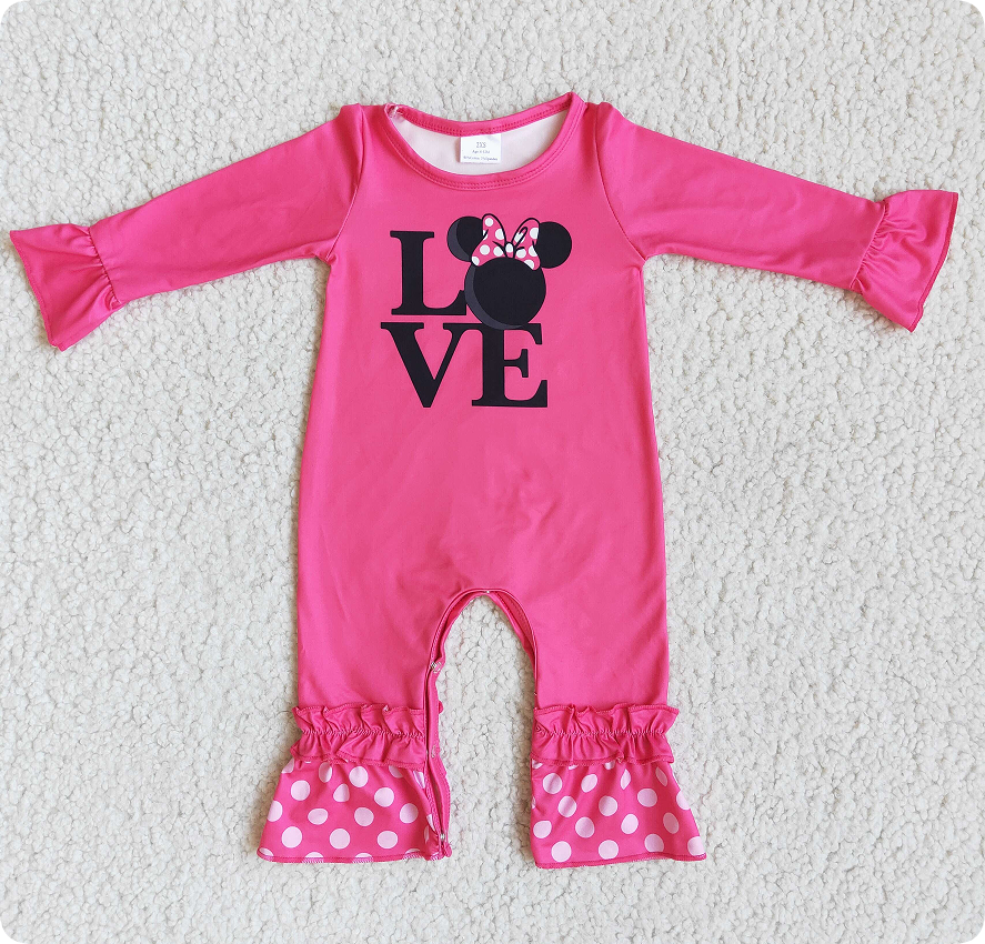 6 B8-35 LOVE Valentine's Day Mickey Rose Red Long Sleeve romper