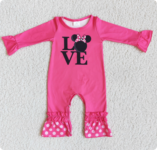 6 B8-35 LOVE Valentine's Day Mickey Rose Red Long Sleeve romper