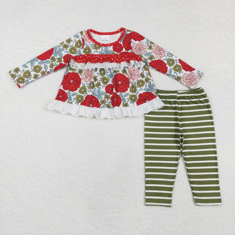 GLP2099 Flowers and leaves lace long-sleeved striped green trousers suit