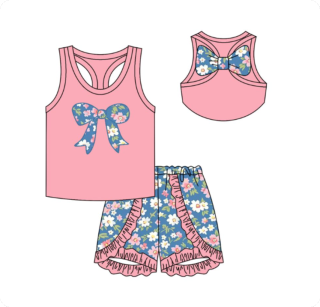 GSSO1622 pre order Flower bow pink vest blue shorts suit