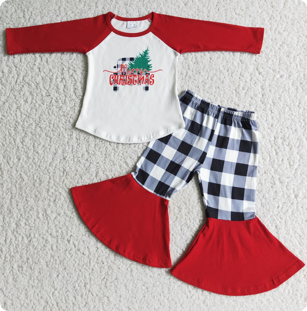 6 A12-15 CHRISTMAS Green Christmas Tree Red Long Sleeve Plaid Pants