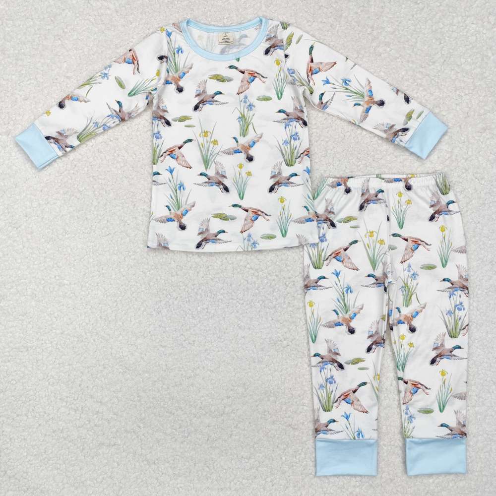 BLP1034 Duck flower blue and white long-sleeved trousers pajama set