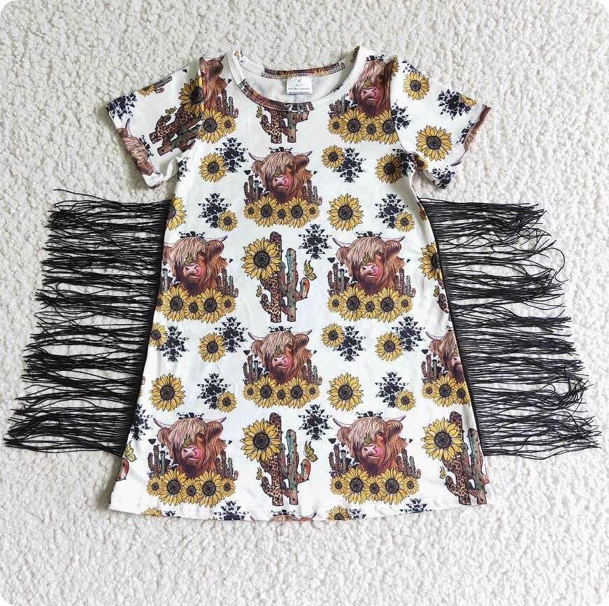 GSD0084  Girls Alpine Cow Cactus Sunflower Tassel Short Sleeve Skirt