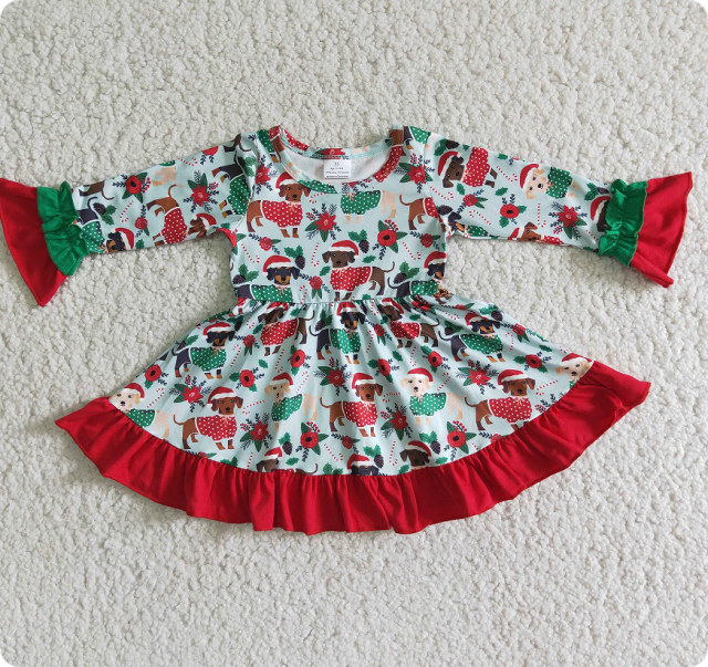 6 A6-17 Christmas puppy long sleeve dress