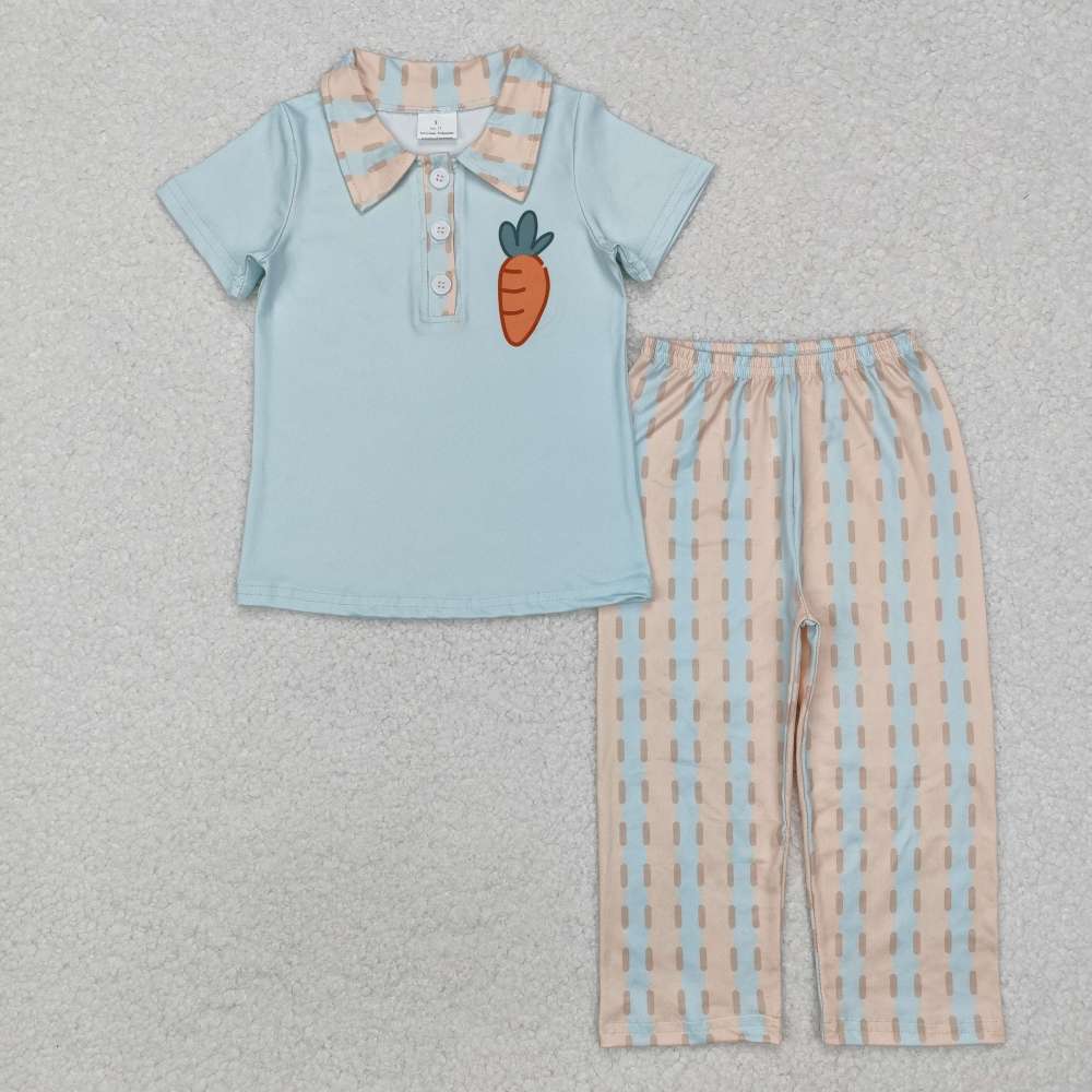 BSPO0528 Easter Carrot Blue Short Sleeve Striped Pants Suit