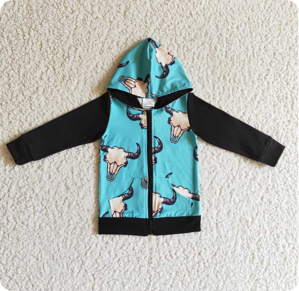 BT0083 Boys' Blue Hooded Zip Long Sleeve Top
