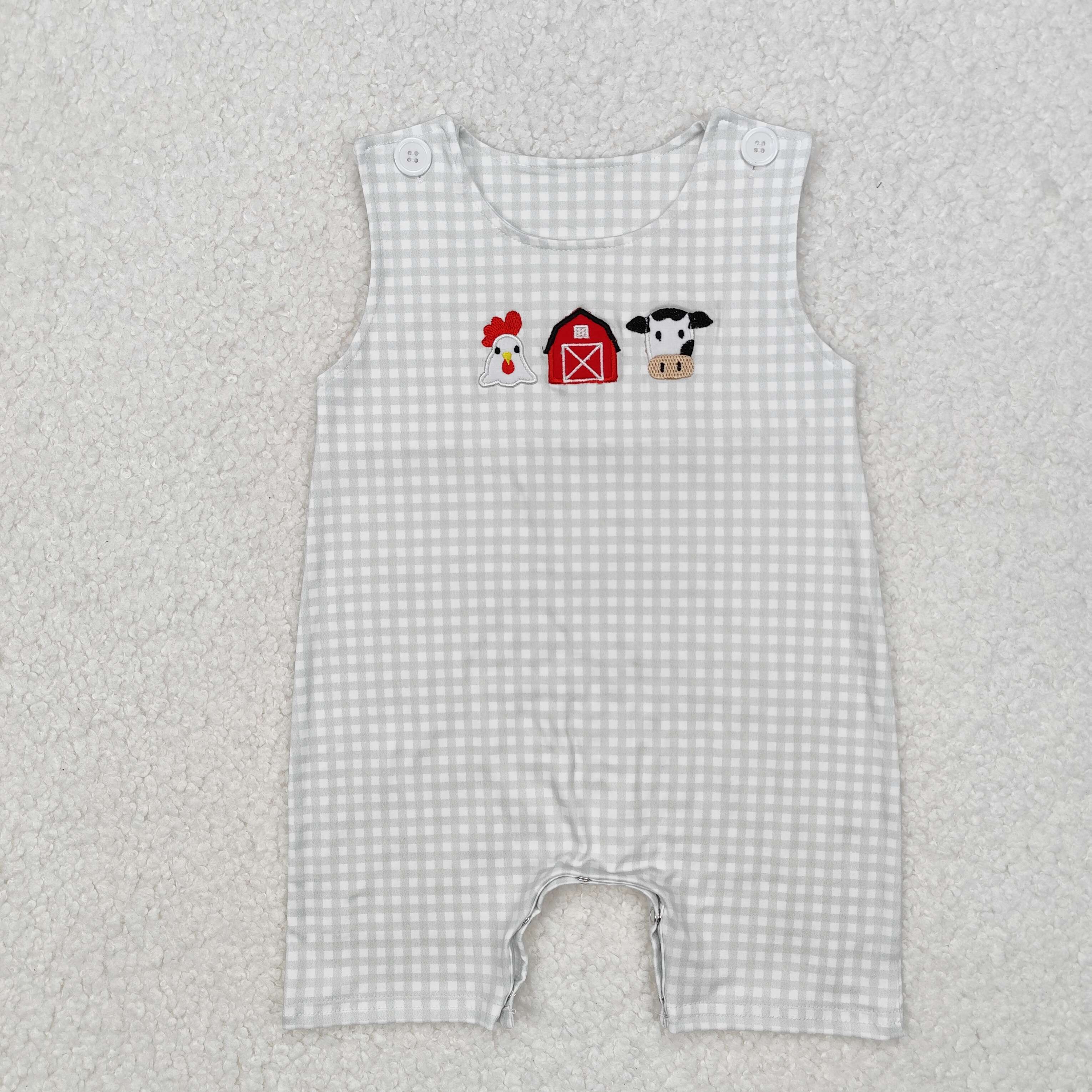 SR2183 Embroidery Chick Farm Red House Cow Green Sleeveless romper