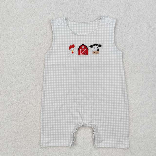 SR2183 Embroidery Chick Farm Red House Cow Green Sleeveless romper