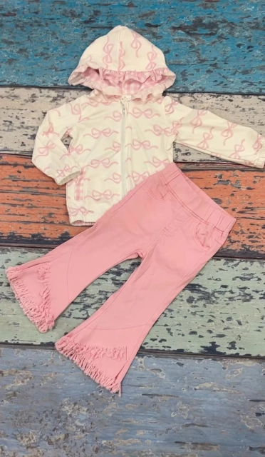 P0463+ GT0873 Pink and white plaid zipper hooded long-sleeved top with bow pattern