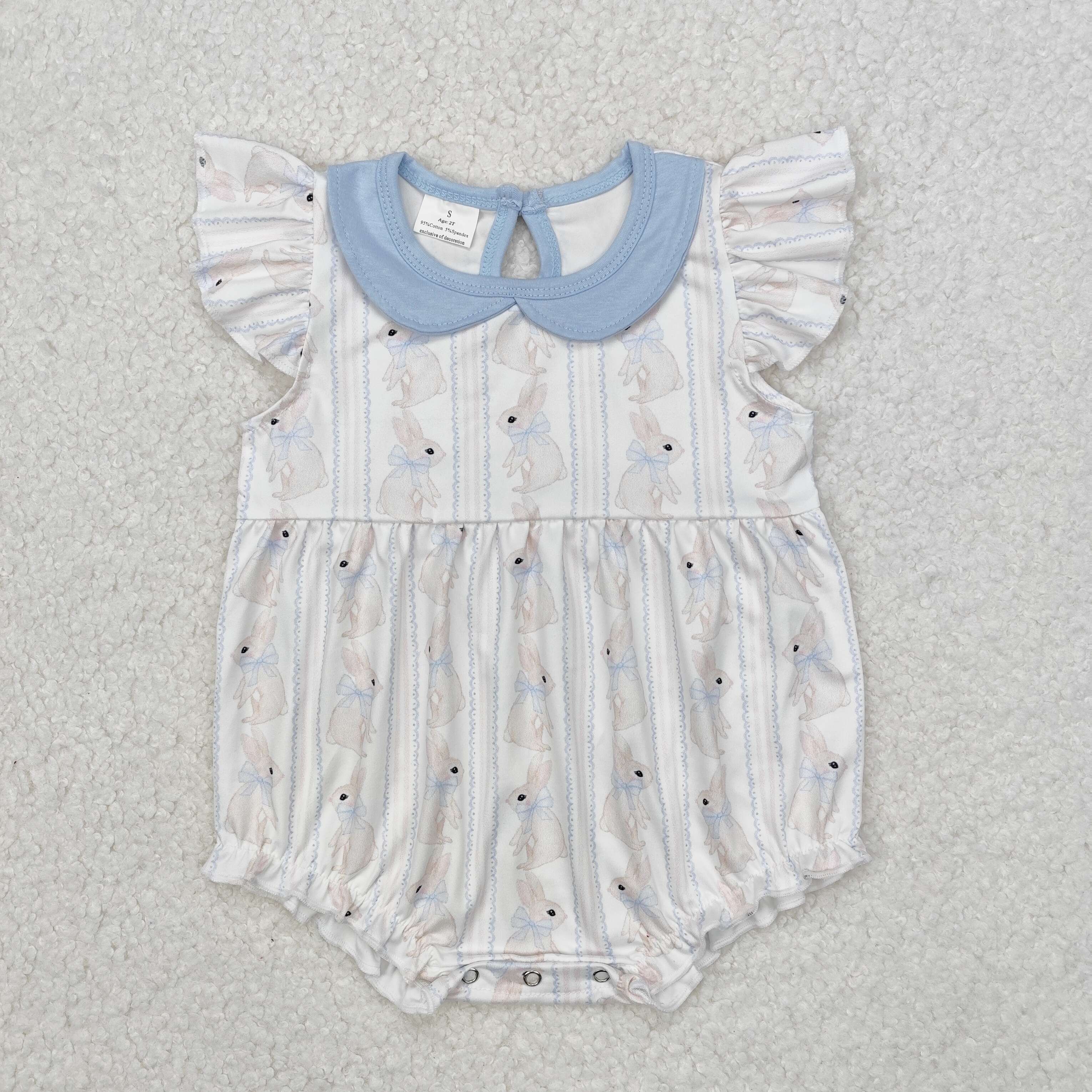 SR2132 Easter Bunny Bow Pattern Blue Doll Collar White Tank Top romper