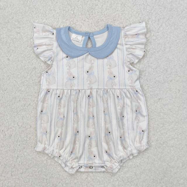 SR2132 Easter Bunny Bow Pattern Blue Doll Collar White Tank Top romper