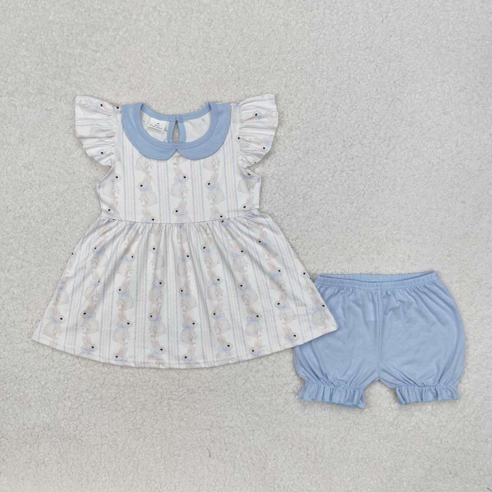 GSSO1525 Easter Bunny Bow Pattern Blue Doll Collar White Flying Sleeve Shorts Set