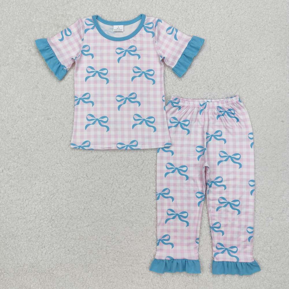 GSPO1736 Bow pattern blue lace pink plaid short-sleeved trousers pajama set