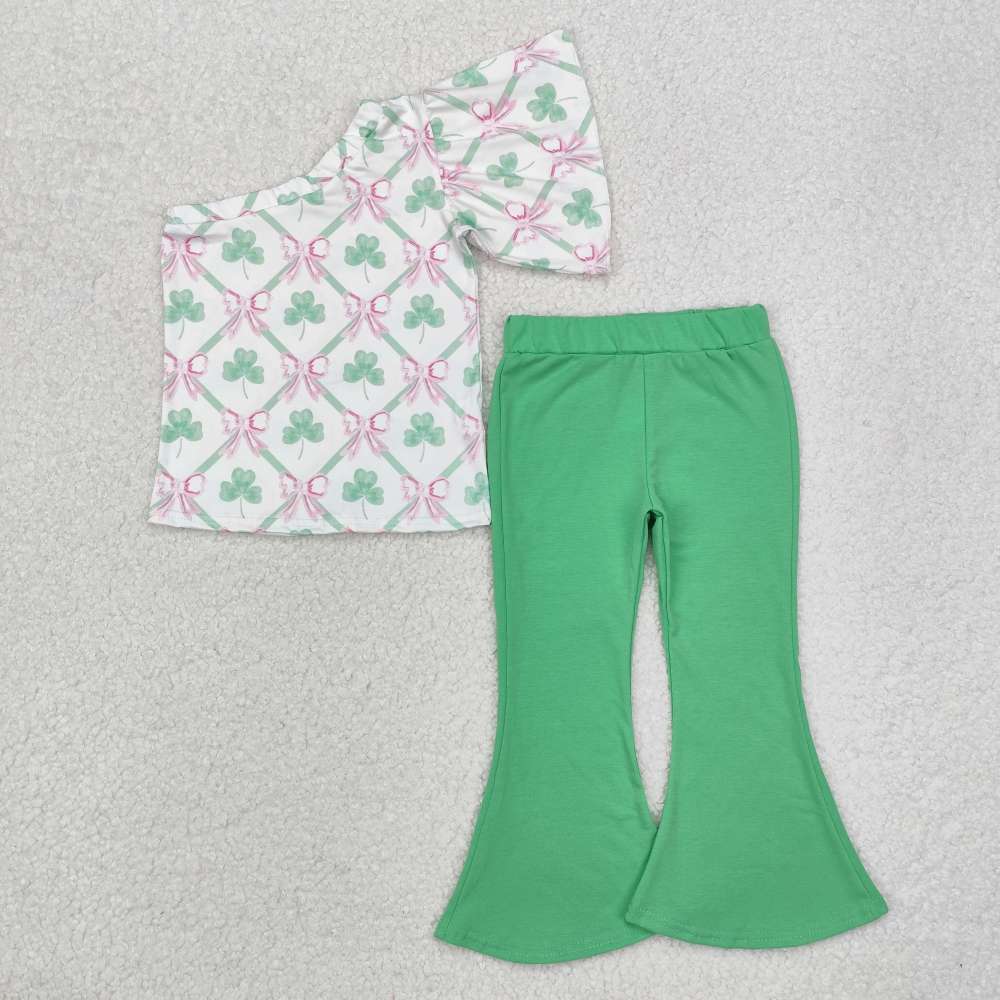 GSPO1793 Four-leaf clover bow pattern one-shoulder sleeve green trousers suit