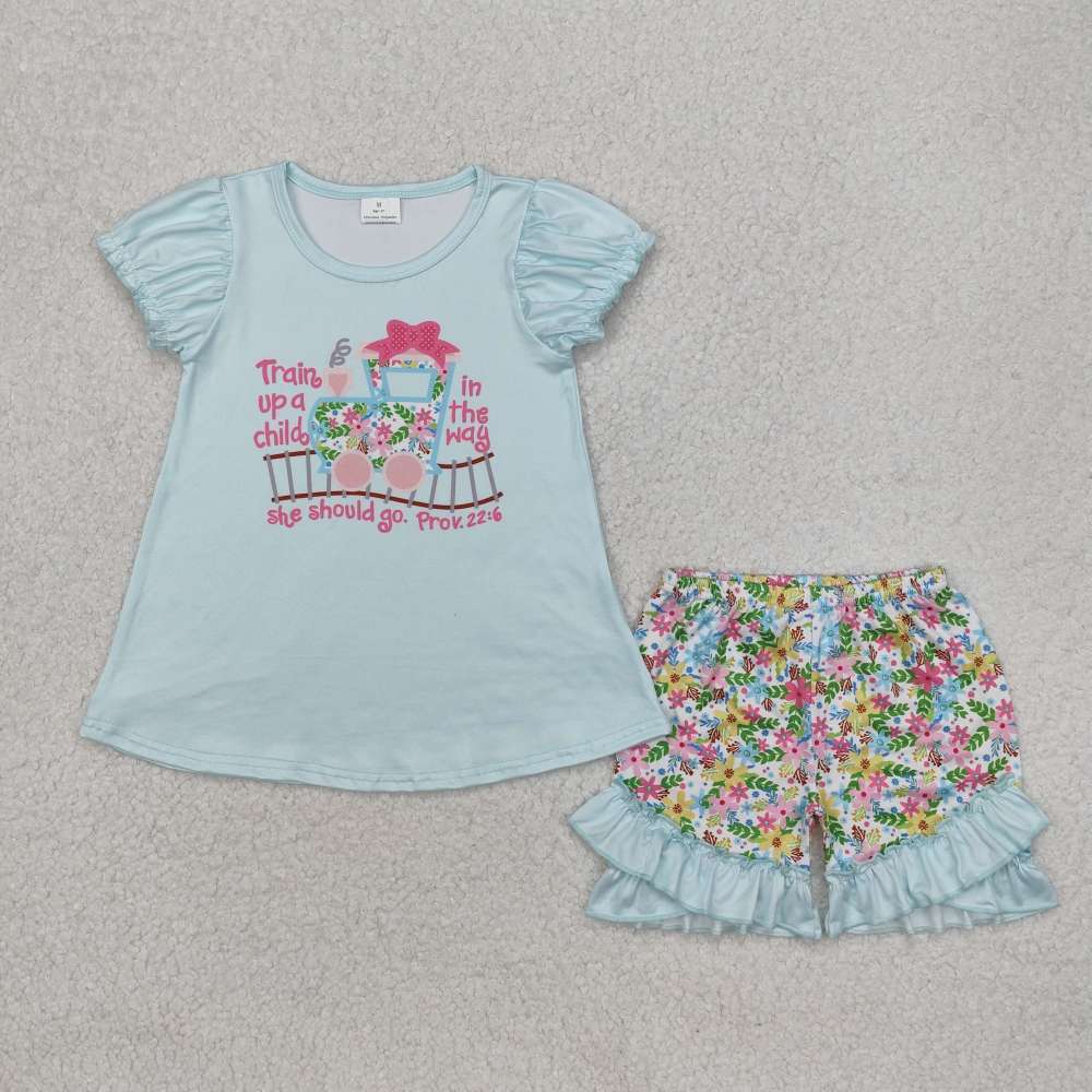 GSSO1643 Letter Train Blue Short Sleeve Flowers and Leaves Floral Shorts Suit