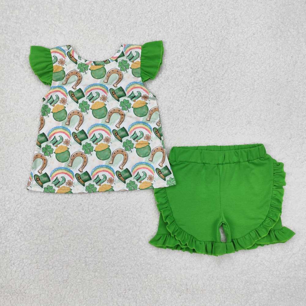 GSSO1713 Four-leaf clover gold coin rainbow hat green bow flying sleeve shorts suit