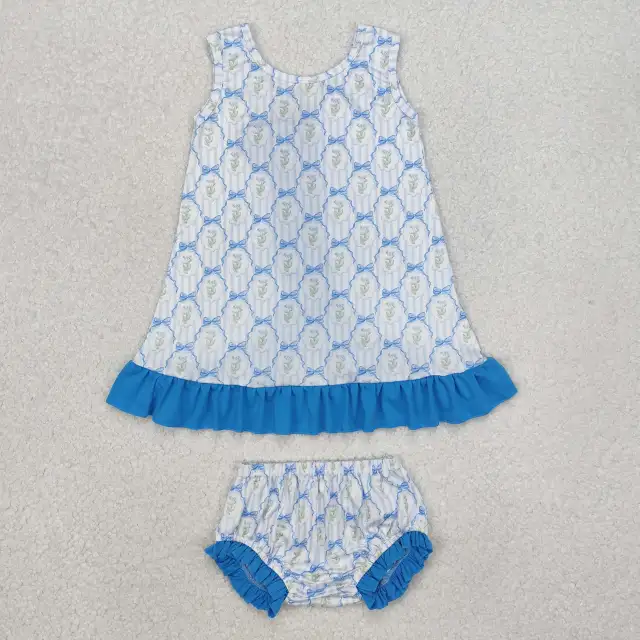 GBO0450 Flower bow striped blue lace sleeveless bummies set
