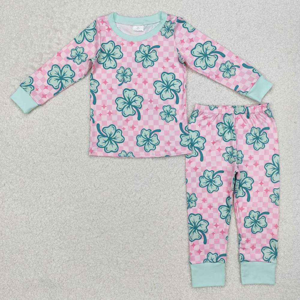 GLP2192 Four-leaf clover pink plaid green trim long-sleeved trousers pajama set