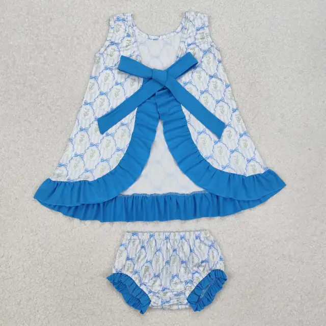GBO0450 Flower bow striped blue lace sleeveless bummies set