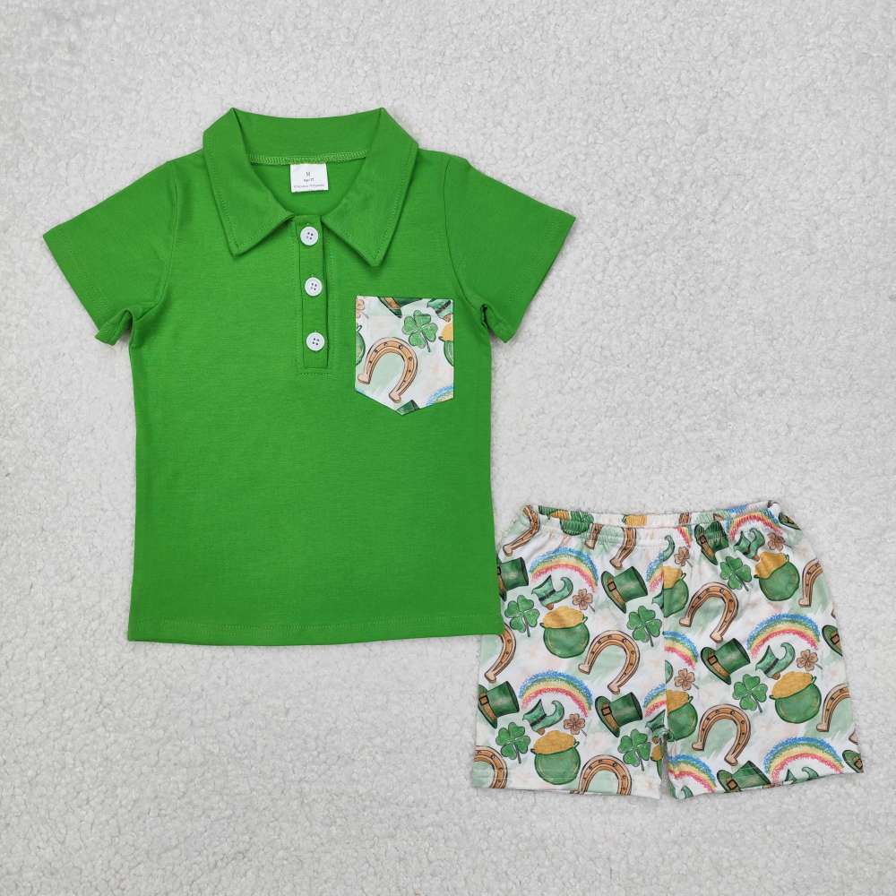 BSSO1165 Four Leaf Clover Gold Coin Rainbow Hat Pocket Green Short Sleeve Shorts Set