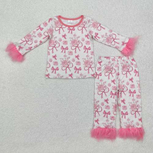 GLP2215 Flower bow pattern pink plush edge beige long-sleeved trousers pajama set