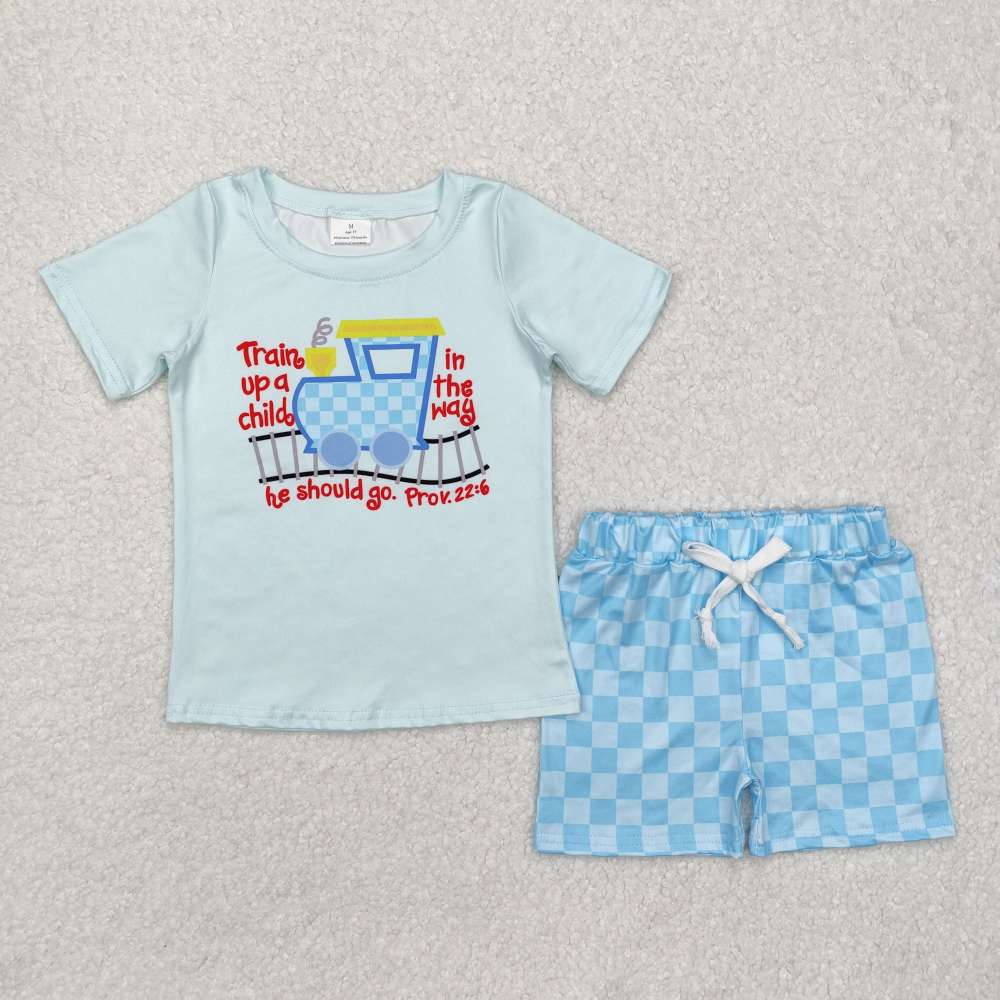 BSSO1128 Letter Train Blue Short Sleeve Plaid Shorts Suit