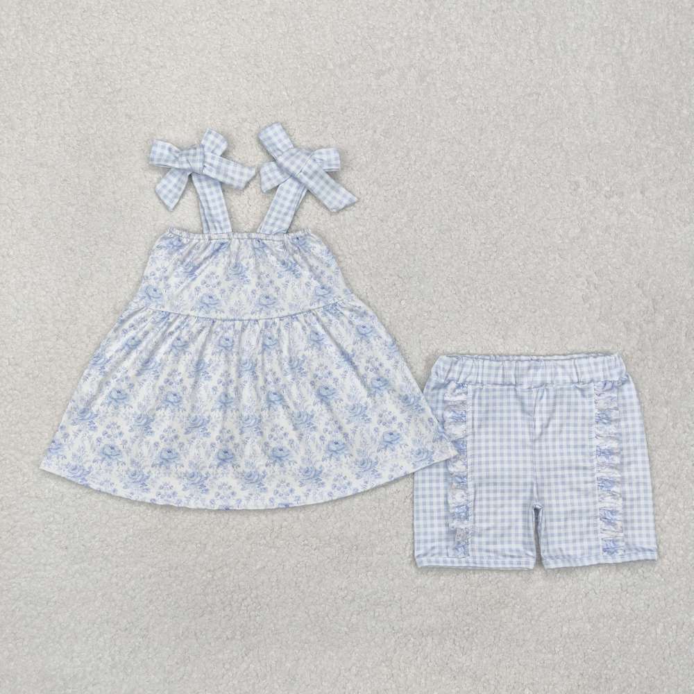 GSSO1716 Floral blue plaid suspender shorts suit