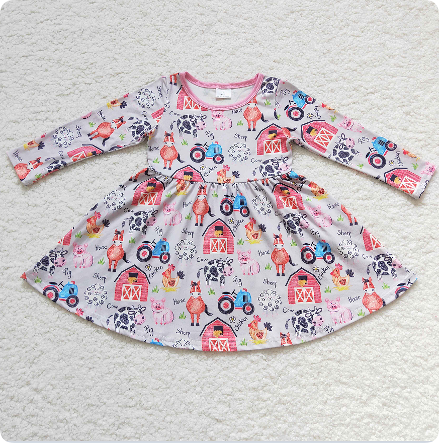 GLD0151  Girls Farm Cow Horse Pig Chicken Long Sleeve Dress