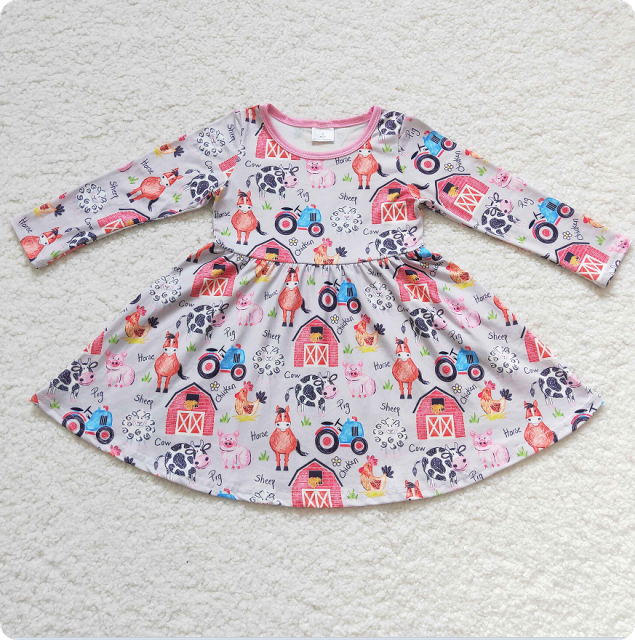 GLD0151  Girls Farm Cow Horse Pig Chicken Long Sleeve Dress