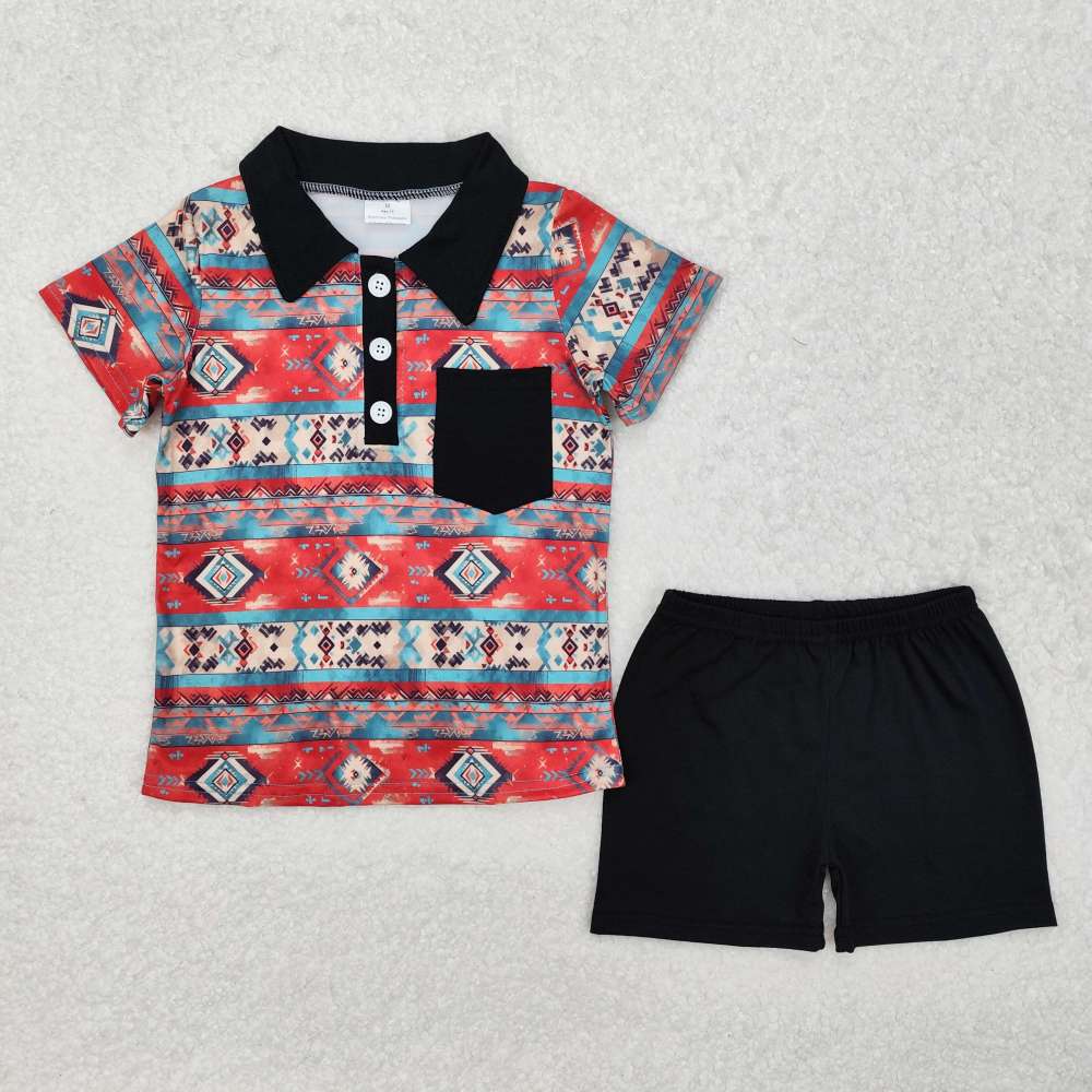 BSSO1140 Geometric black pocket blue and red short sleeve shorts suit