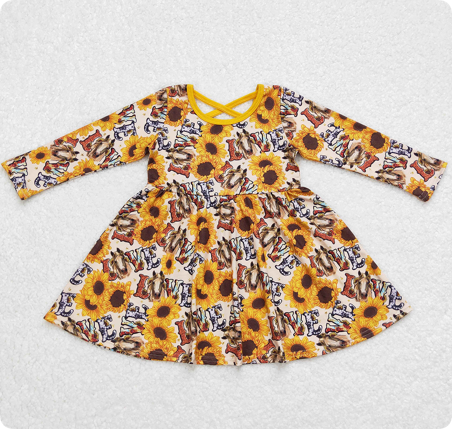 GLD0393 love horse sunflower yellow long-sleeved dress