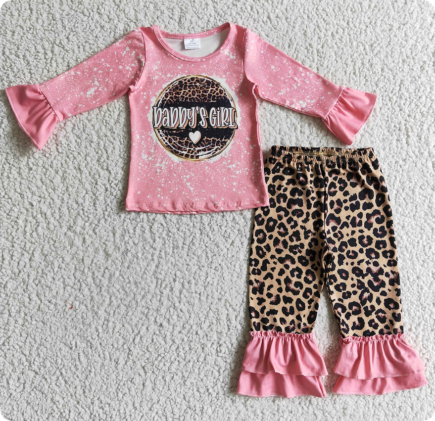 GLP0328 Girls Daddys GIRL Pink Long Sleeve Leopard Print Pants Suit