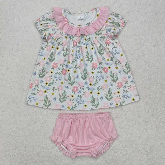 GBO0449 Flowers and leaves pink lace short-sleeved bummies set