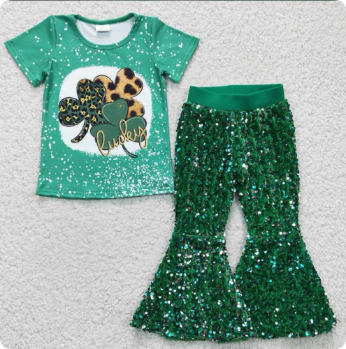 GT0109 Girls Green Clover Short Sleeve set