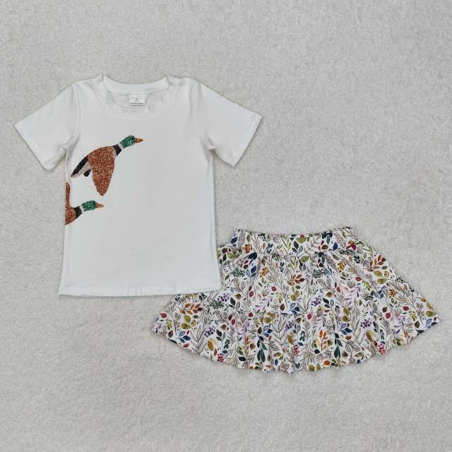 GSD1546 Duck White Short Sleeve Flower Leaves Skirt Suit