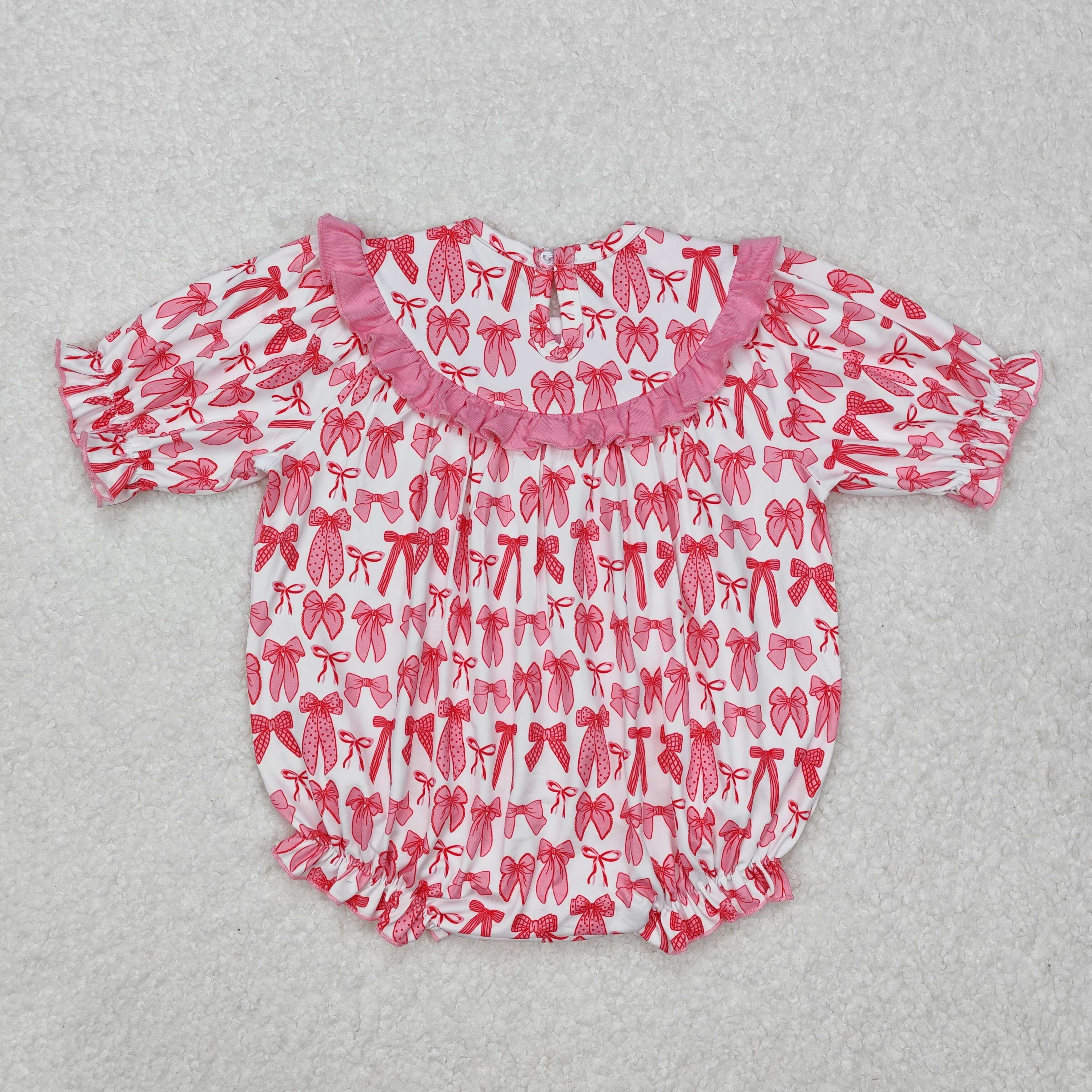 SR2620 Embroidered mama's bestie bow pattern pink and white short sleeve romper