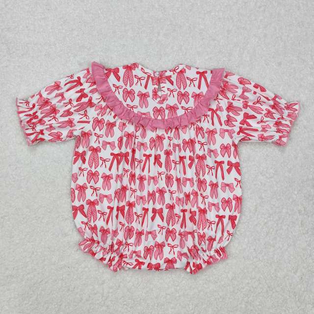SR2620 Embroidered mama's bestie bow pattern pink and white short sleeve romper