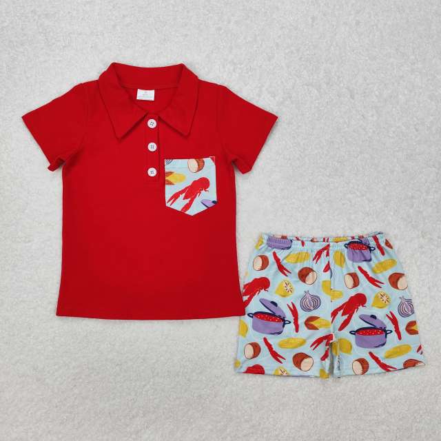 BSSO1188 Crayfish Corn Pocket Red Short Sleeve Shorts Suit