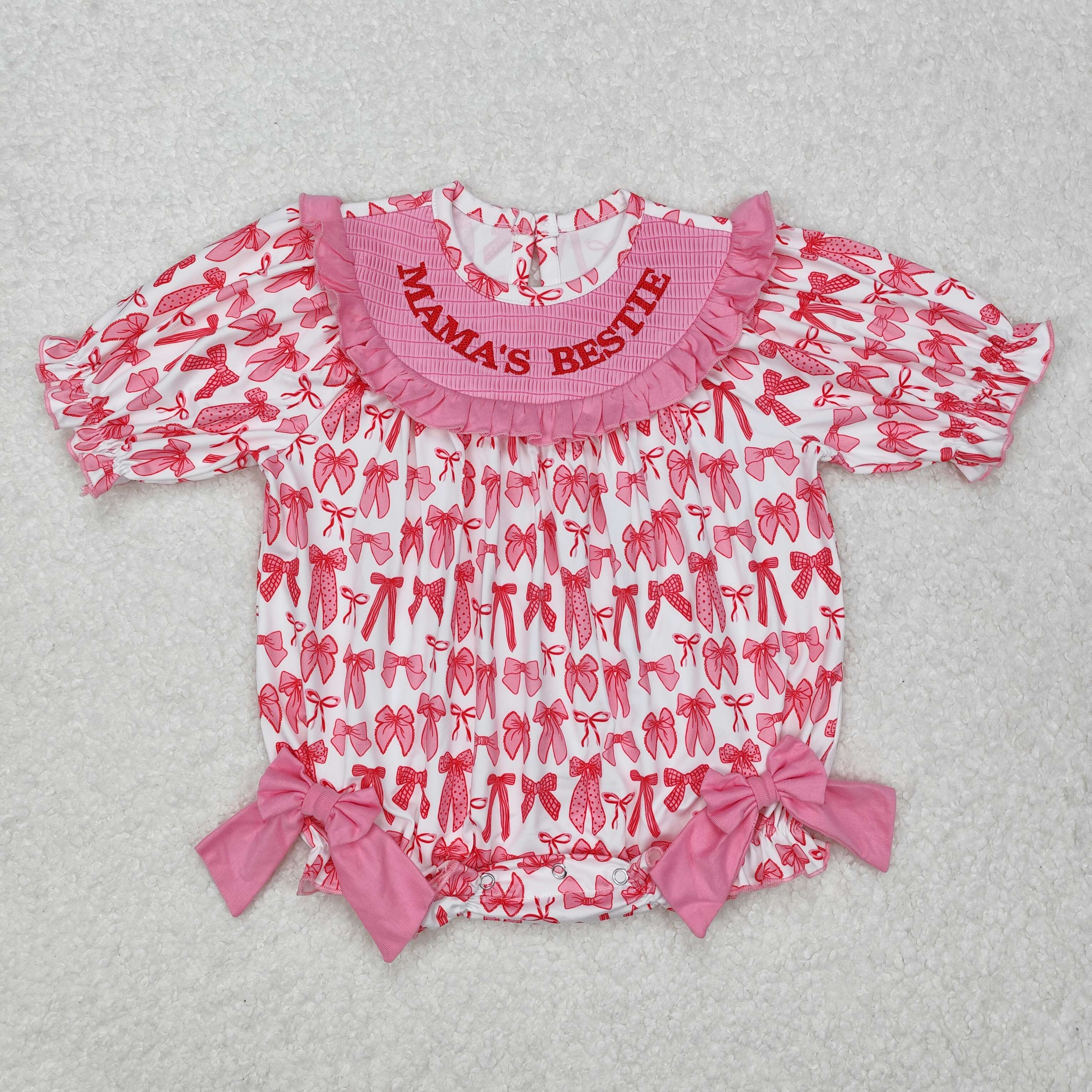 SR2620 Embroidered mama's bestie bow pattern pink and white short sleeve romper