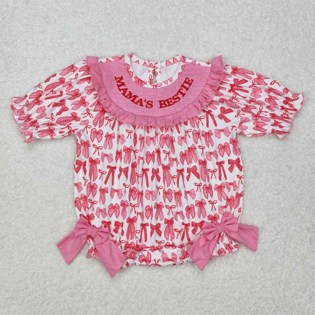 SR2620 Embroidered mama's bestie bow pattern pink and white short sleeve romper