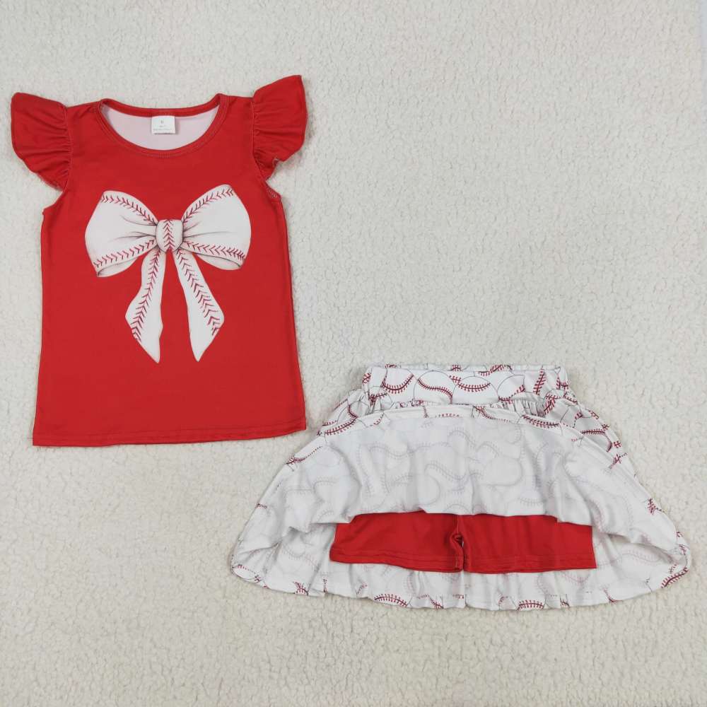 GSD1722 Baseball bow pattern red flying sleeve culottes suit