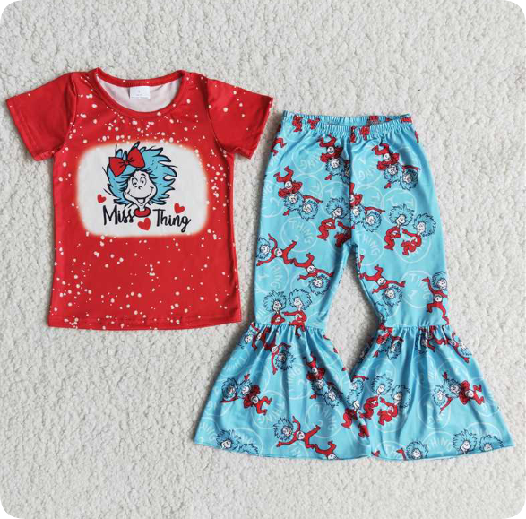 E12-27 seuss miss thing red short-sleeved bell pants suit