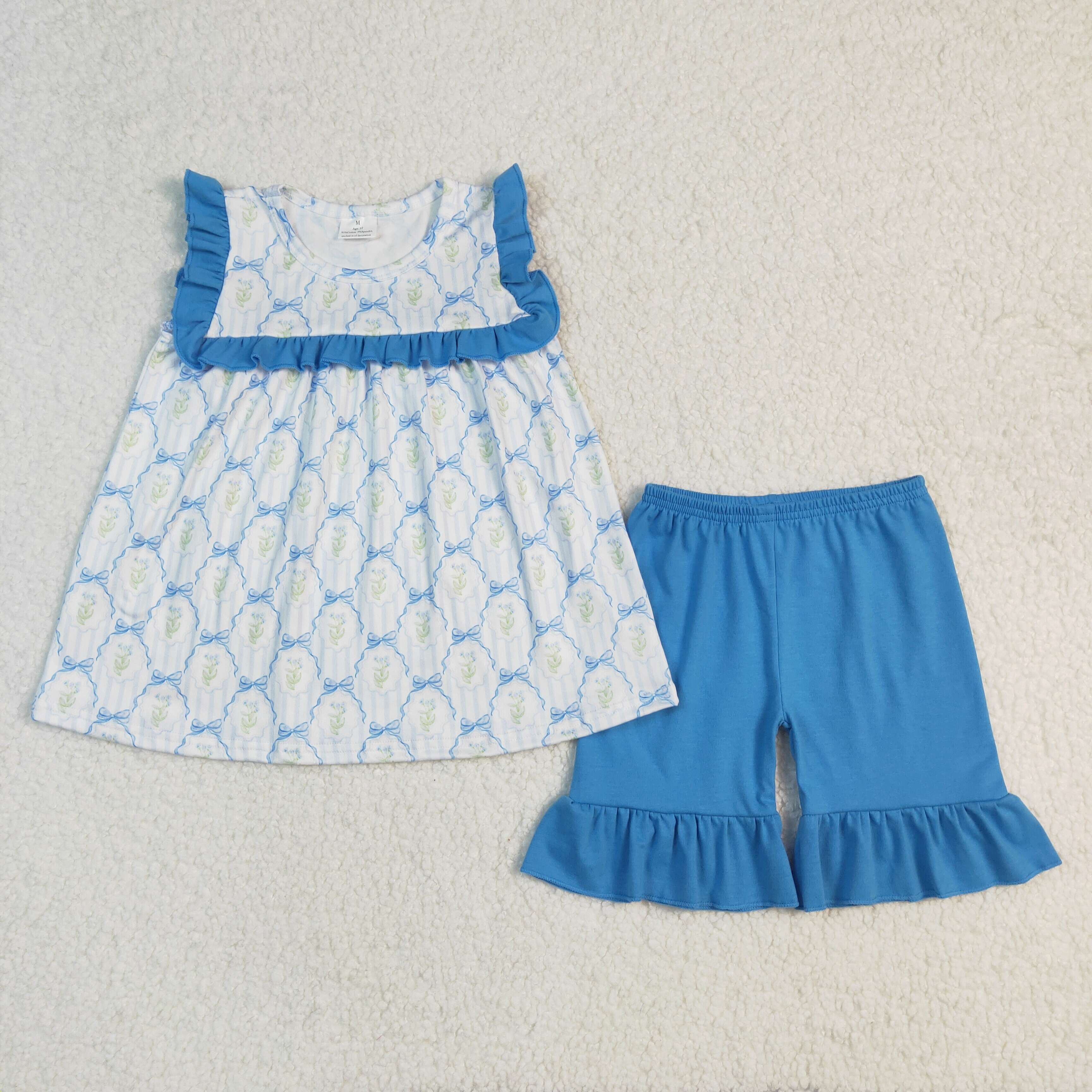 GSSO2004 Flowers and leaves blue lace bow pattern striped sleeveless shorts suit