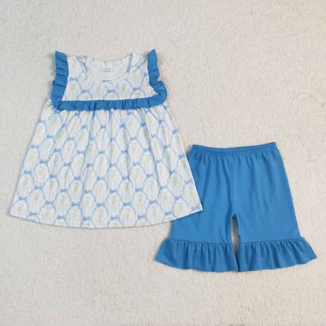 GSSO2004 Flowers and leaves blue lace bow pattern striped sleeveless shorts suit