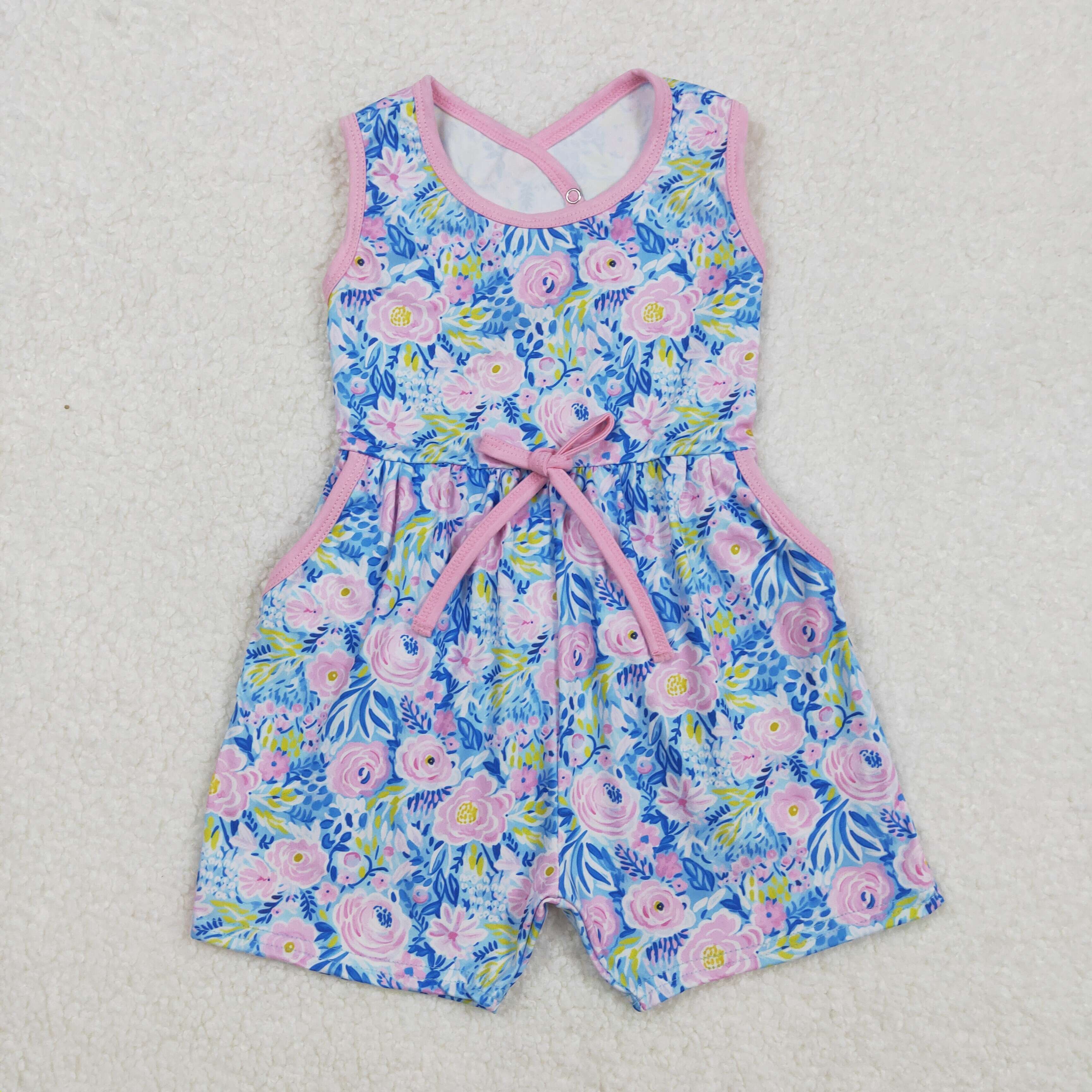 SR2521 Flowers and Leaves Rose Red Bow Sleeveless Jumpsuit