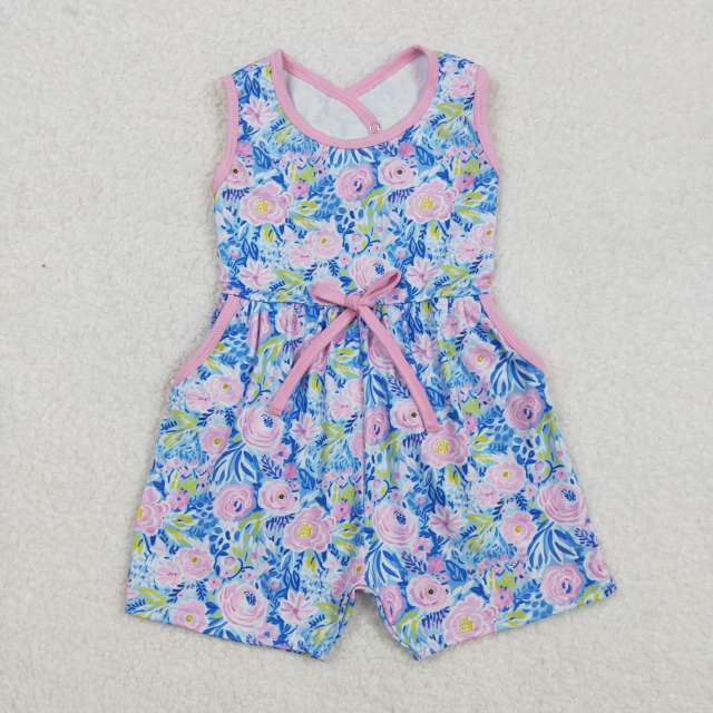 SR2521 Flowers and Leaves Rose Red Bow Sleeveless Jumpsuit